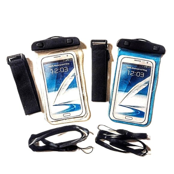 2 Pack Waterproof Universal Cell Phone Pouch (Lanyard & Arm Band) ~ Blue & Clear - Picture 1 of 9